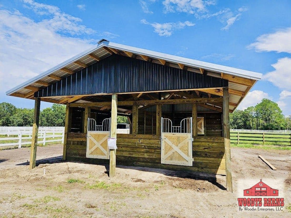 A shed row built by Woodys Barns in Florida