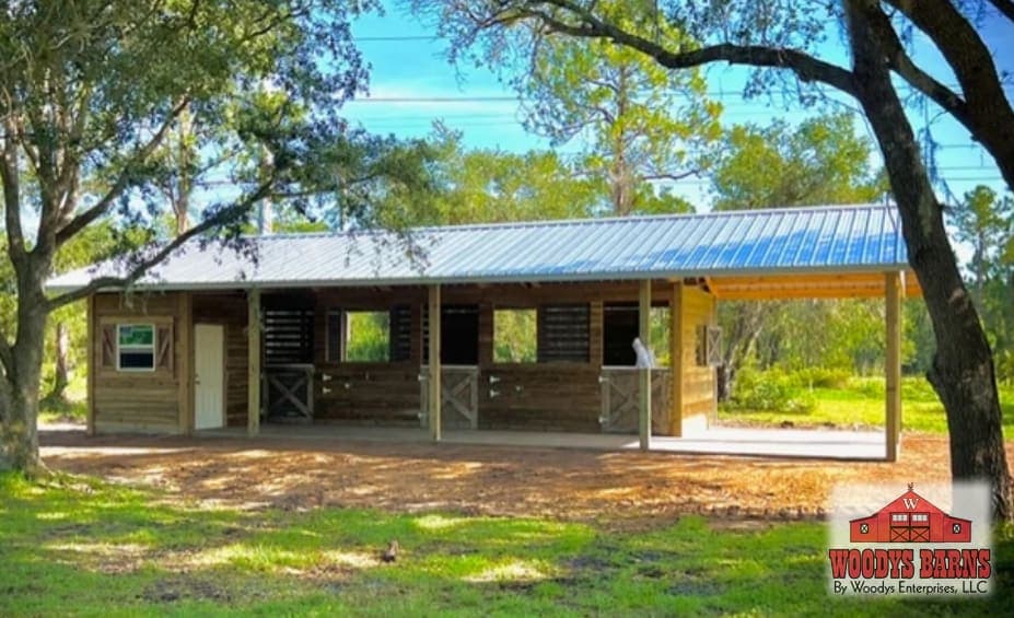 A shed row built by Woodys Barns in Florida