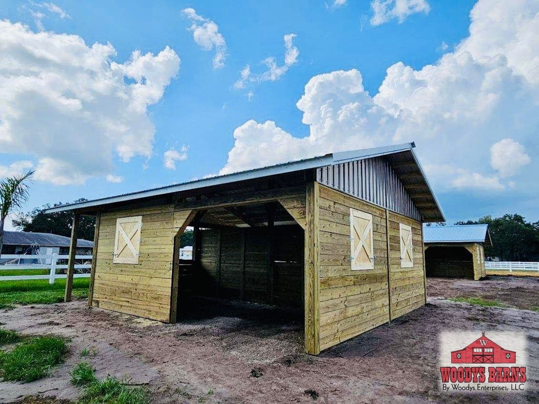 A shed row built by Woodys Barns in Florida