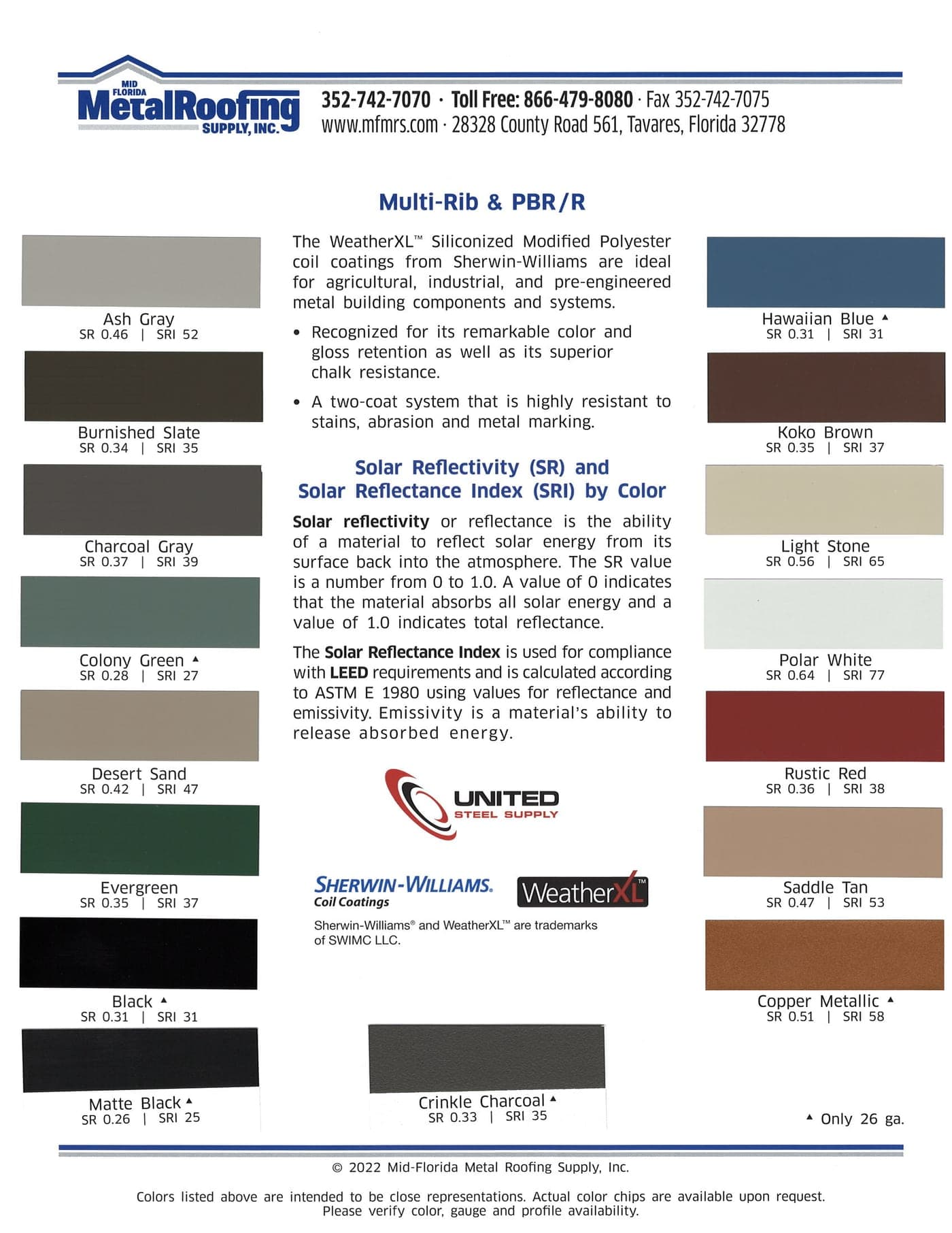 The Mid-Florida Metal Roofing Supply color chart, showing all sixteen painted colors with their Solar Reflectivity and Solar Reflectance Index ratings